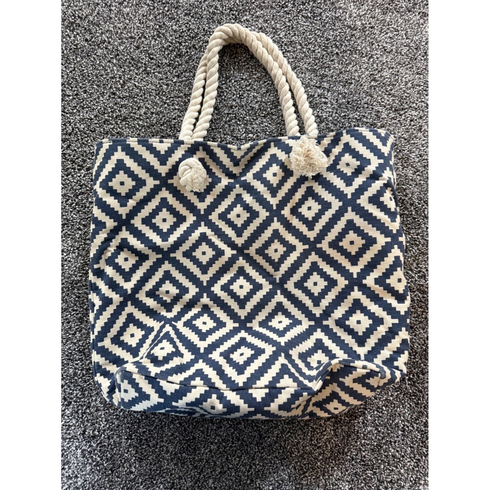 Summer & Rose Canvas Tote Bag Navy Blue White Geometric Diamond Rope Handle